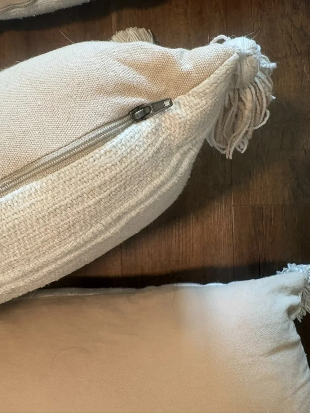 Set of 3 Neutral Boho Lumbar Pillows Cream Woven Tassels 22x13